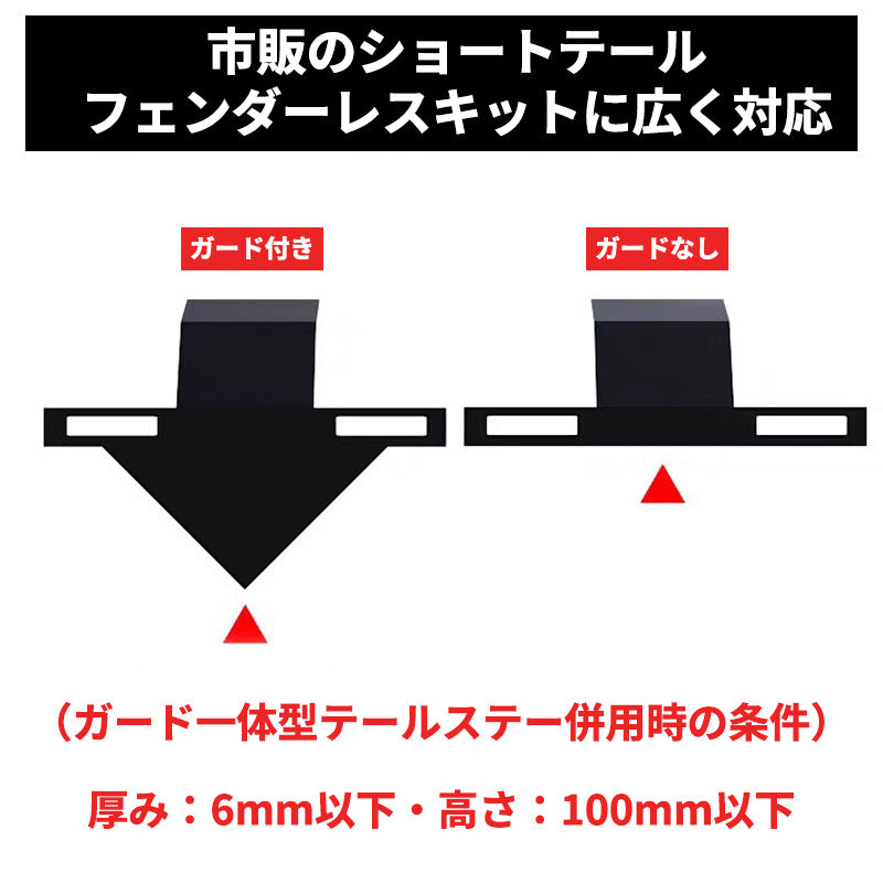市販のショートテール・フェンダーレスキットへの適合条件図。ガード付き／ガードなしの比較。ガード一体型テールステー併用時は厚み6mm以下・高さ100mm以下。VARQON ナンバープレートフレーム＆マッドガードの取付ガイド。