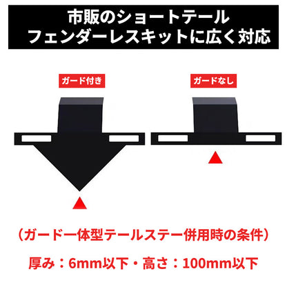 市販のショートテール・フェンダーレスキットへの適合条件図。ガード付き／ガードなしの比較。ガード一体型テールステー併用時は厚み6mm以下・高さ100mm以下。VARQON ナンバープレートフレーム＆マッドガードの取付ガイド。
